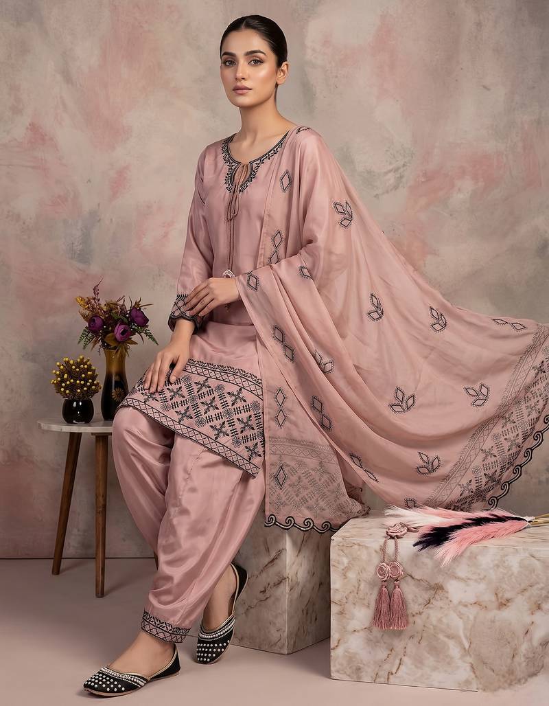Elegant blush pink embroidered kurta set with farshi salwar