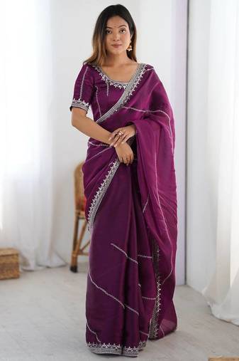 Wine color jimmichu silk embroidery work party wear saree