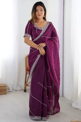 Wine color jimmichu silk embroidery work party wear saree