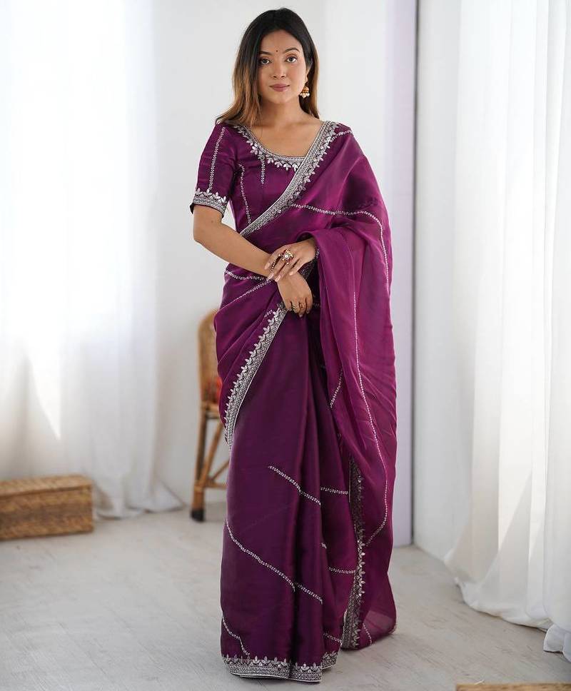 Wine color jimmichu silk embroidery work party wear saree