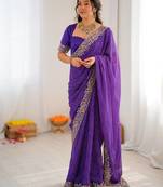 Purple color faux georgette embroidery work wedding wear saree