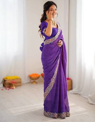 Purple color faux georgette embroidery work wedding wear saree 3
