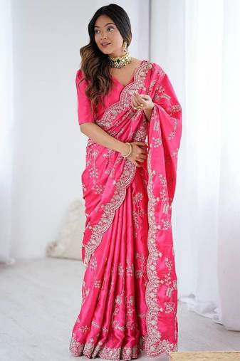 Pink color heavy japan satin silk embroidery work partyw ear saree
