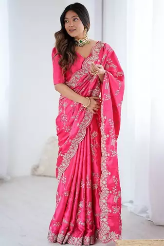 Pink color heavy japan satin silk embroidery work partyw ear saree