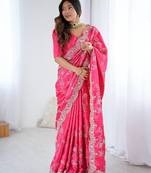 Pink color heavy japan satin silk embroidery work partyw ear saree