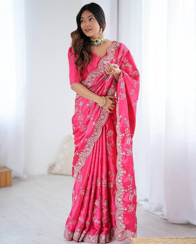 Pink color heavy japan satin silk embroidery work partyw ear saree