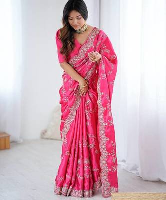 Pink color heavy japan satin silk embroidery work partyw ear saree 3