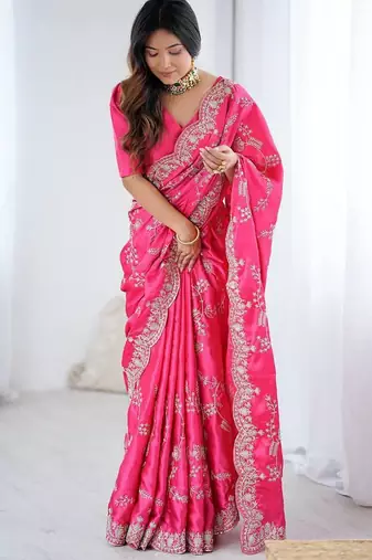 Pink color heavy japan satin silk embroidery work partyw ear saree