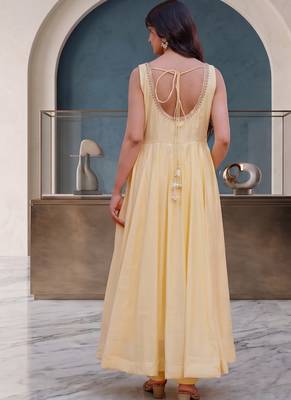 Elegant pastel yellow anarkali dress with soft pink dupatta 4