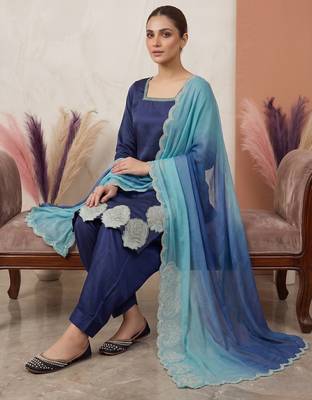Royal navy blue kurta set with dupatta 3