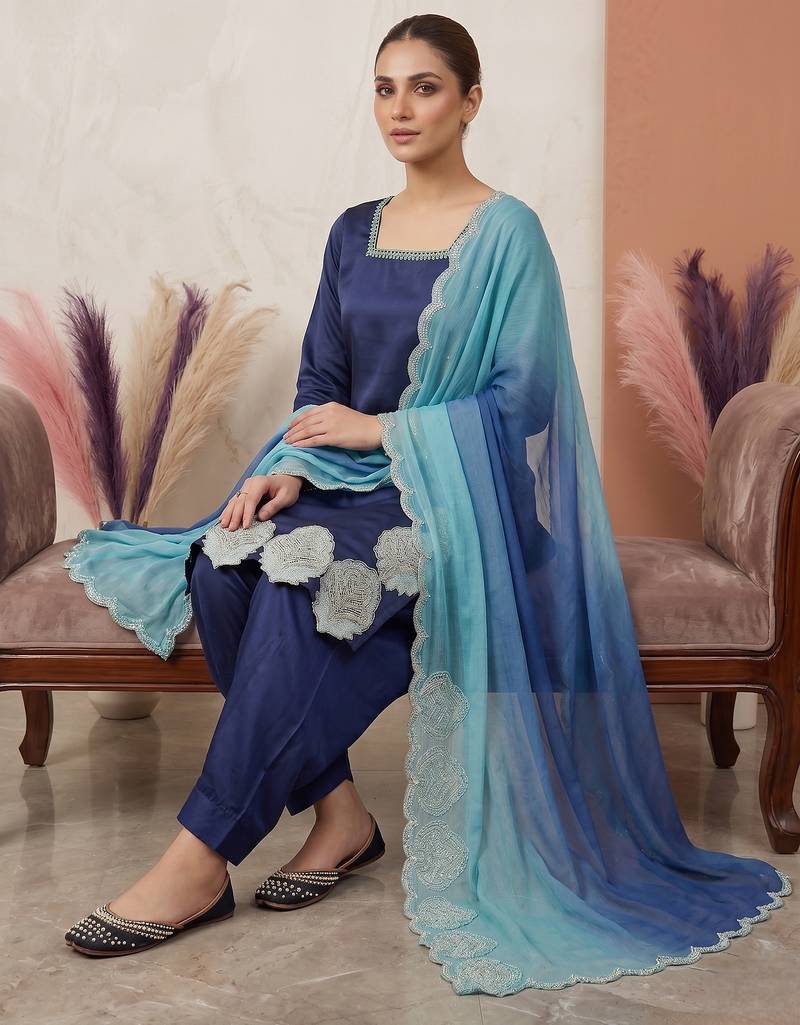 Royal navy blue kurta set with dupatta