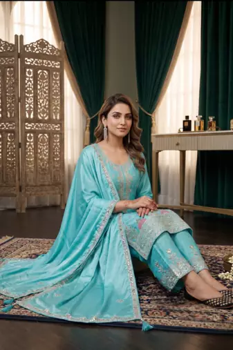 Elegant sky blue embroidered kurta palazzo set with dupatta