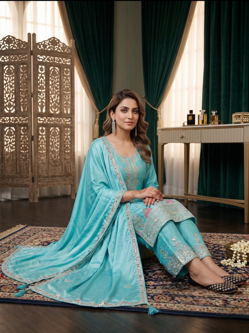 Elegant sky blue embroidered kurta palazzo set with dupatta