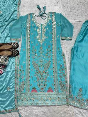 Elegant sky blue embroidered kurta palazzo set with dupatta 4
