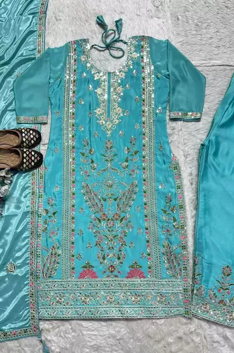 Elegant sky blue embroidered kurta palazzo set with dupatta