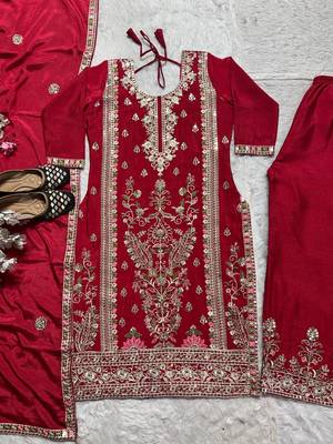 Elegant red embroidered kurta palazzo set with dupatta 4