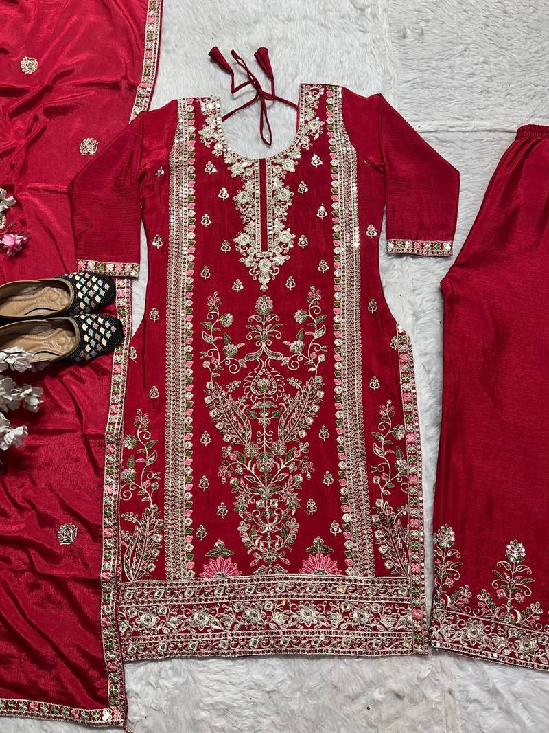 Elegant red embroidered kurta palazzo set with dupatta
