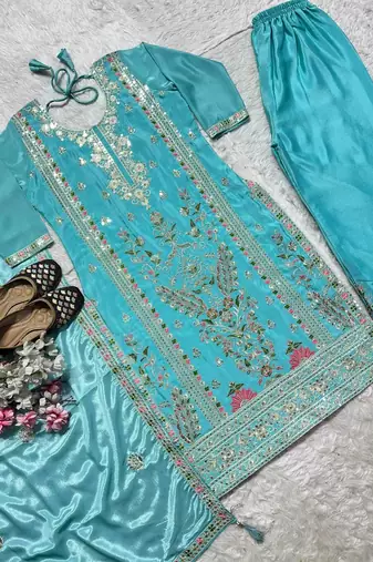 Elegant sky blue embroidered kurta palazzo set with dupatta