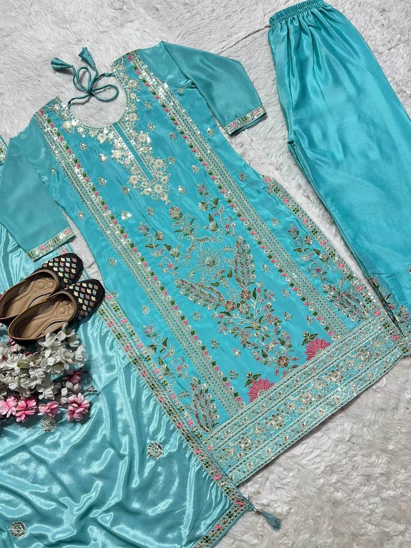 Elegant sky blue embroidered kurta palazzo set with dupatta