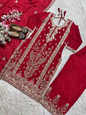 Elegant red embroidered kurta palazzo set with dupatta 5
