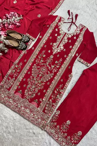 Elegant red embroidered kurta palazzo set with dupatta