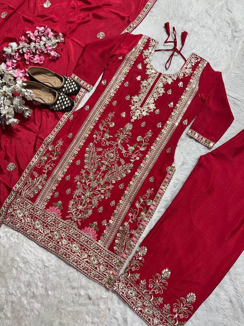 Elegant red embroidered kurta palazzo set with dupatta