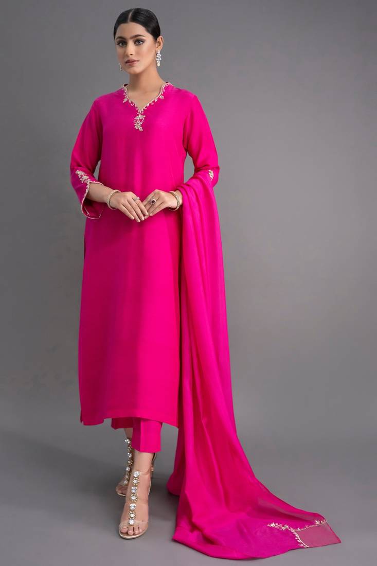 Elegant fuchsia silk straight kurti set with dupatta