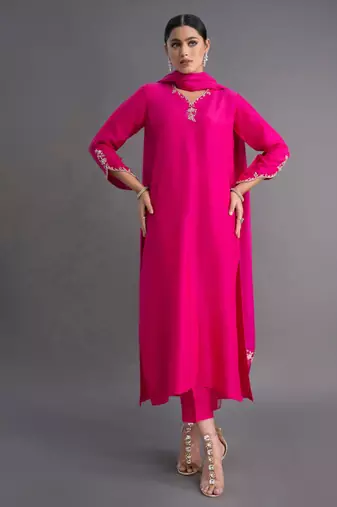 Elegant fuchsia silk straight kurti set with dupatta