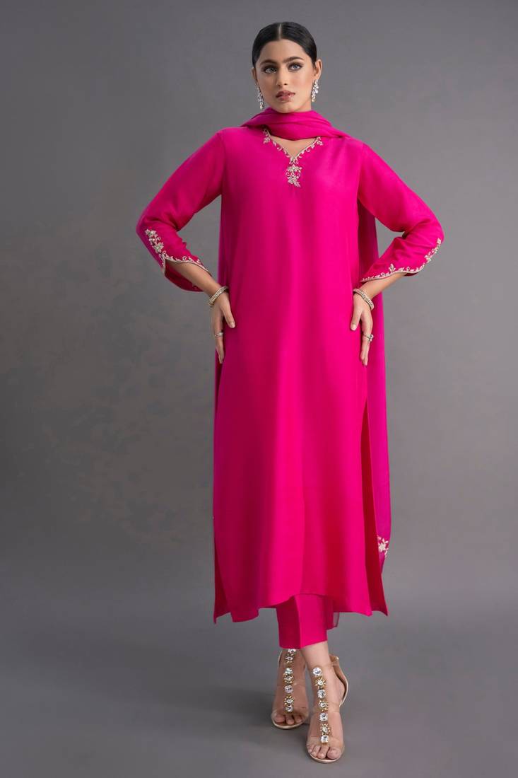 Elegant fuchsia silk straight kurti set with dupatta