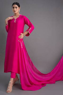 Elegant fuchsia silk straight kurti set with dupatta 3