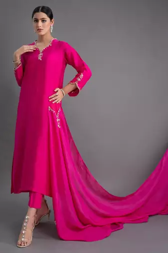 Elegant fuchsia silk straight kurti set with dupatta