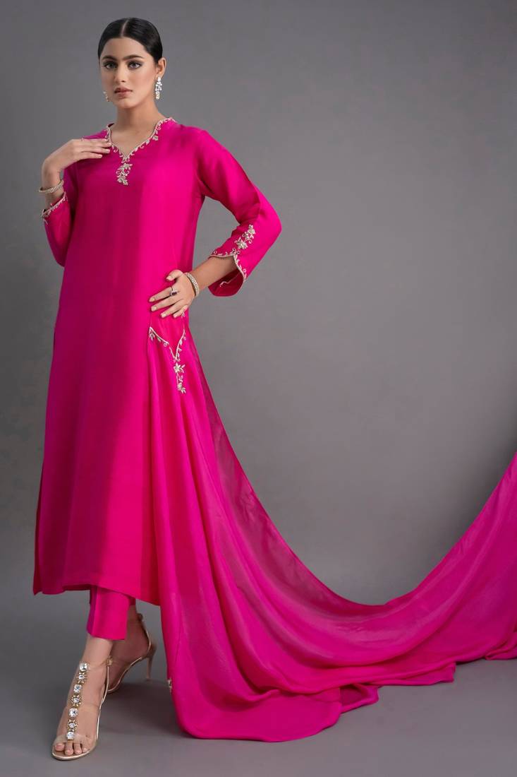 Elegant fuchsia silk straight kurti set with dupatta
