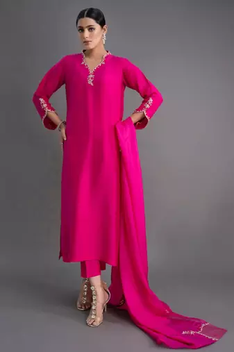 Elegant fuchsia silk straight kurti set with dupatta