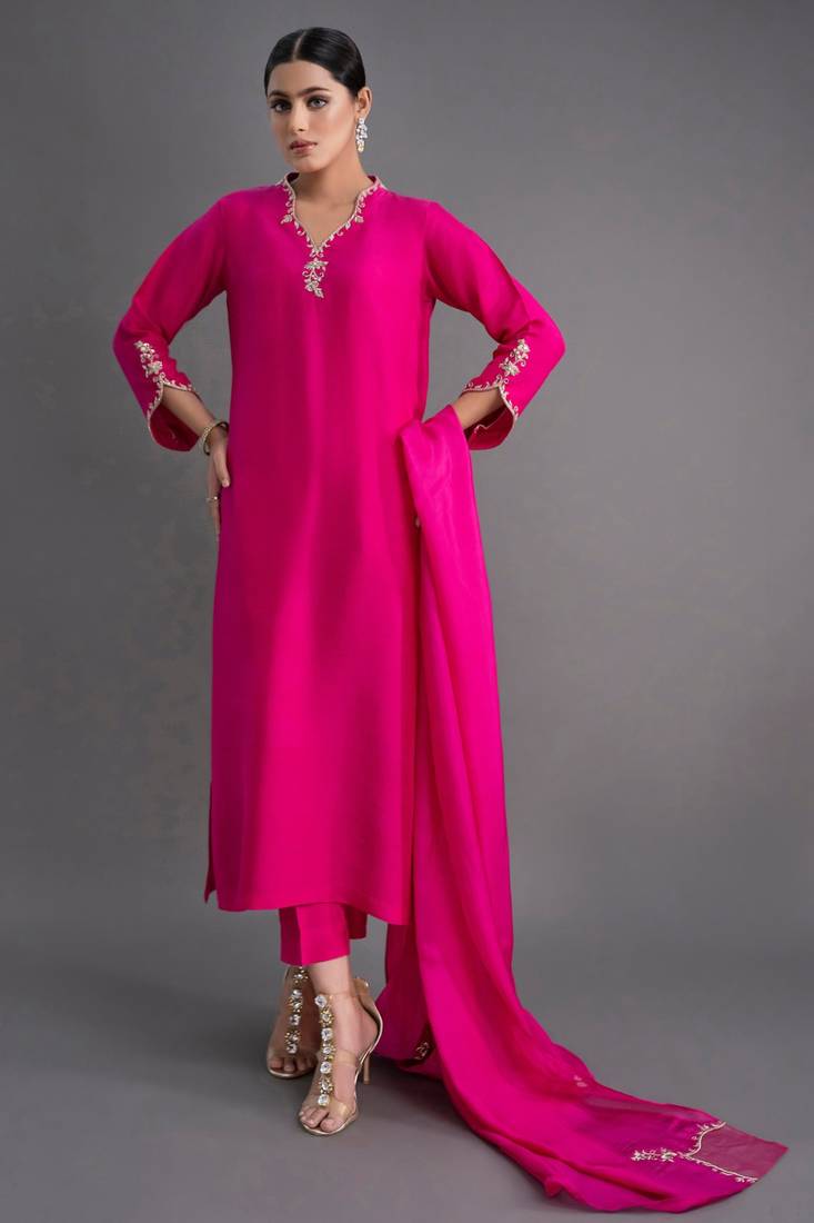 Elegant fuchsia silk straight kurti set with dupatta