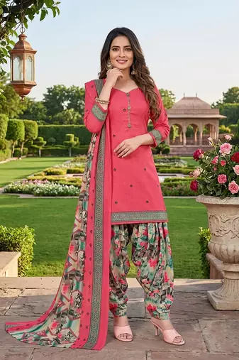 Pink printed cotton blend stitched floral print salwar kurta dupatta for women