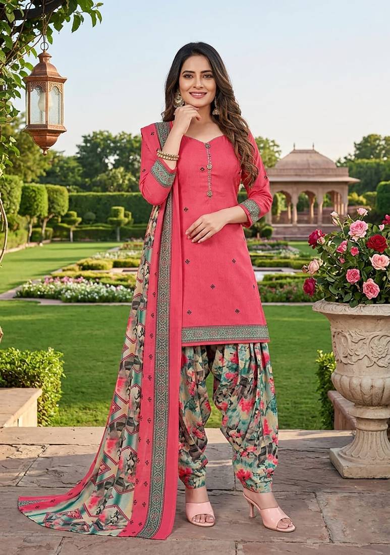 Pink printed cotton blend stitched floral print salwar kurta dupatta for women