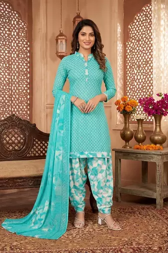 Aqua blue printed cotton blend stitched geometric print salwar kurta dupatta for women