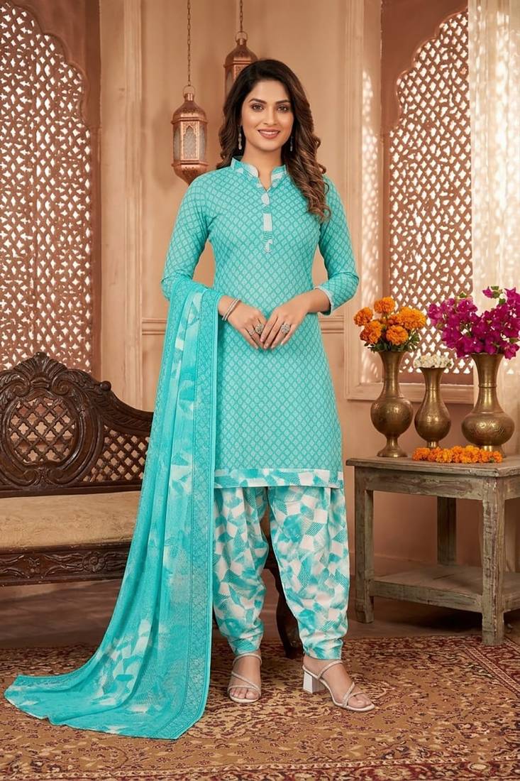 Aqua blue printed cotton blend stitched geometric print salwar kurta dupatta for women