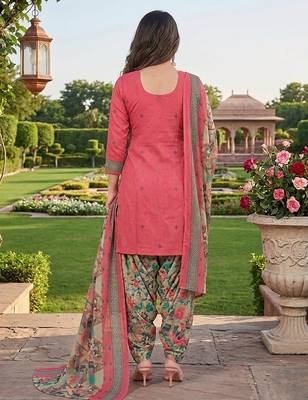 Pink printed cotton blend stitched floral print salwar kurta dupatta for women 3