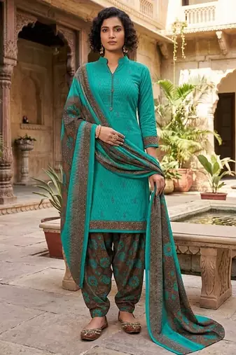 Teal printed cotton blend stitched geometric print salwar kurta dupatta for women