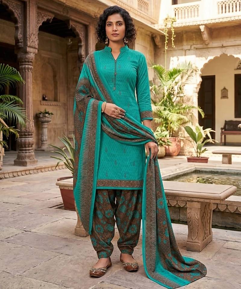 Teal printed cotton blend stitched geometric print salwar kurta dupatta for women