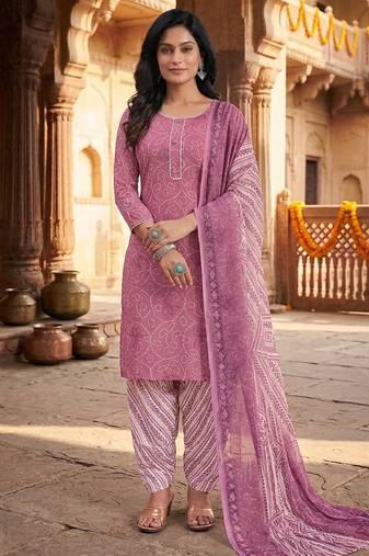 Pink printed cotton blend stitched geometric print salwar kurta dupatta for women