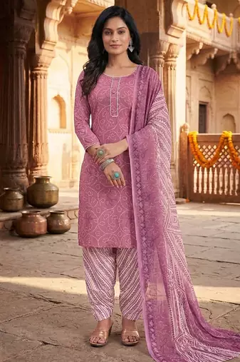Pink printed cotton blend stitched geometric print salwar kurta dupatta for women