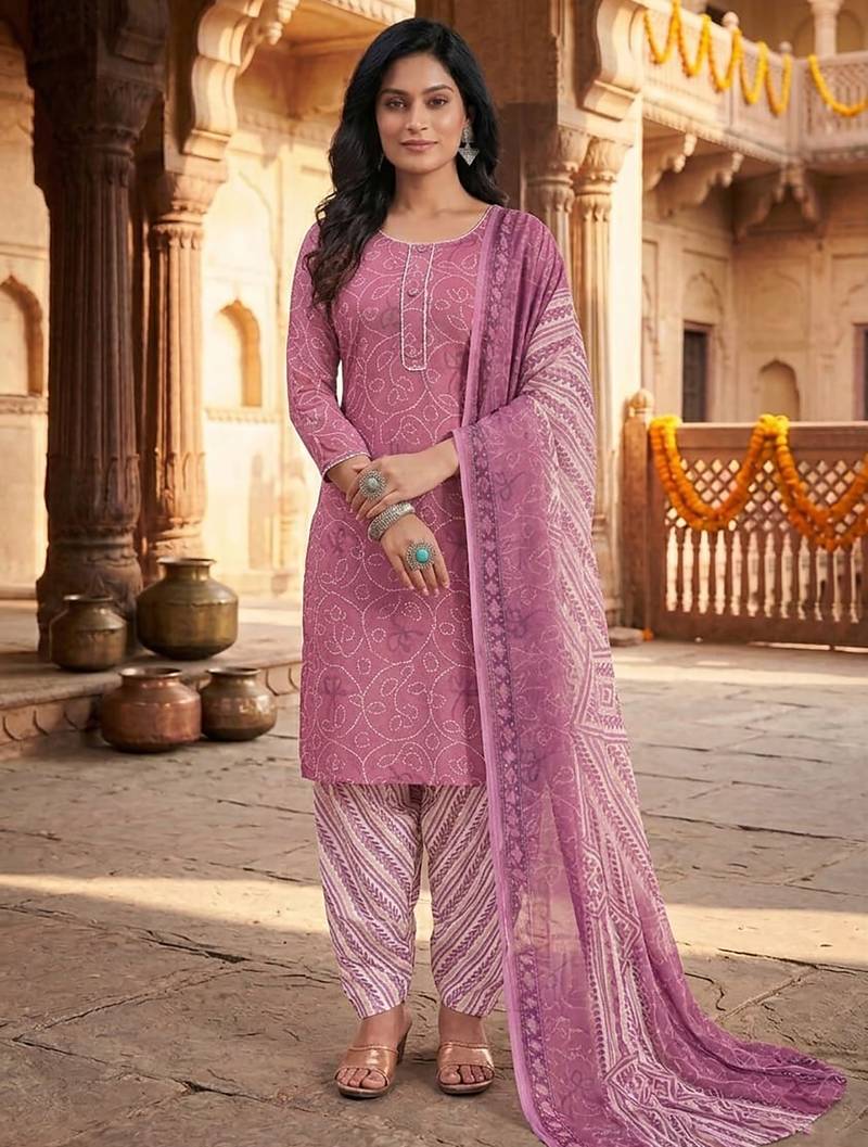 Pink printed cotton blend stitched geometric print salwar kurta dupatta for women