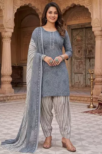 Grey printed cotton blend stitched geometric print salwar kurta dupatta for women