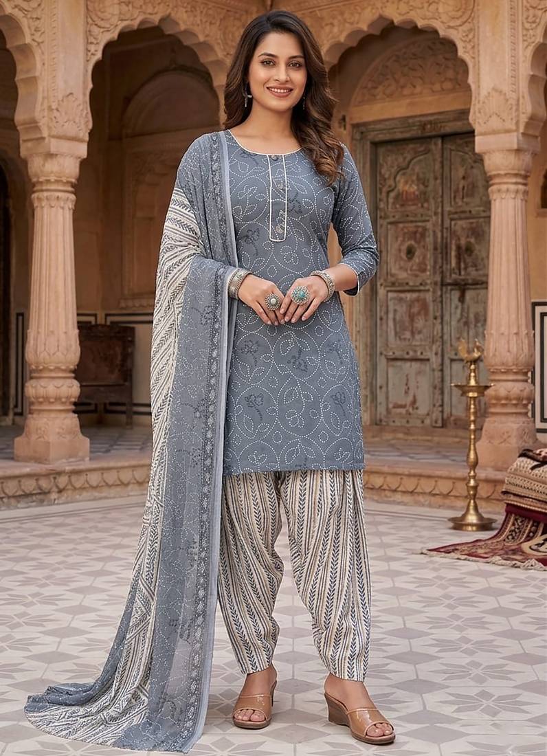 Grey printed cotton blend stitched geometric print salwar kurta dupatta for women