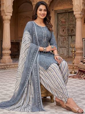 Grey printed cotton blend stitched geometric print salwar kurta dupatta for women 2