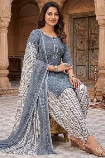 Grey printed cotton blend stitched geometric print salwar kurta dupatta for women