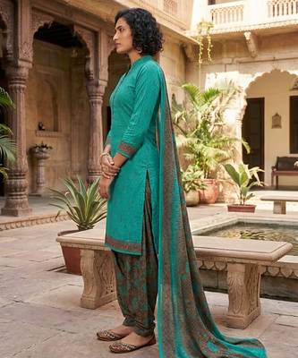 Teal printed cotton blend stitched geometric print salwar kurta dupatta for women 2
