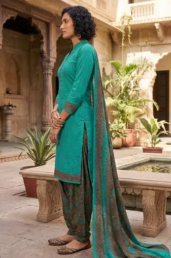 Teal printed cotton blend stitched geometric print salwar kurta dupatta for women